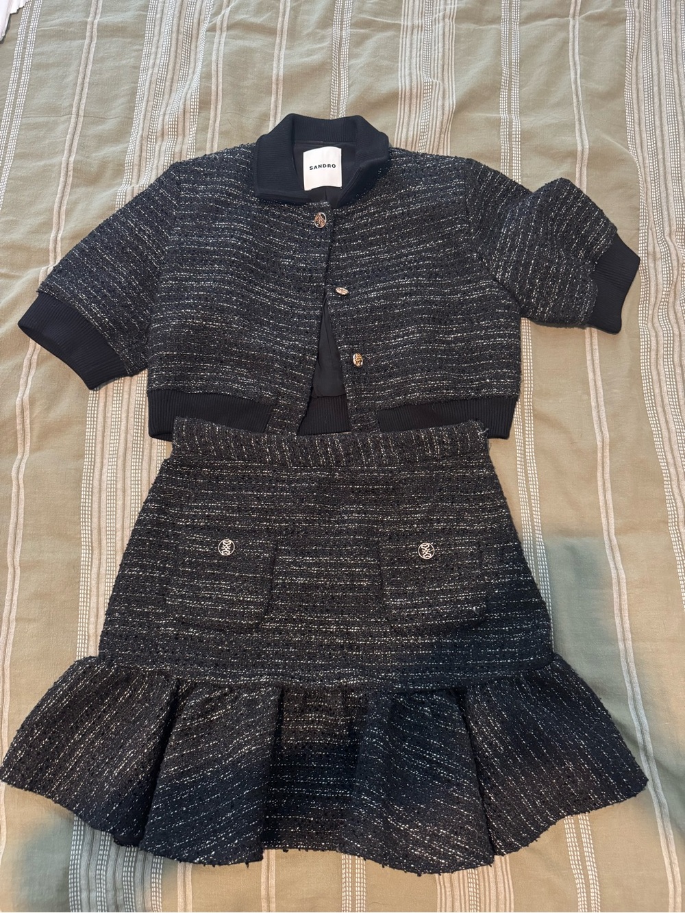Sandro Black Tweed Jacket and Skirt Set with Gold Buttons